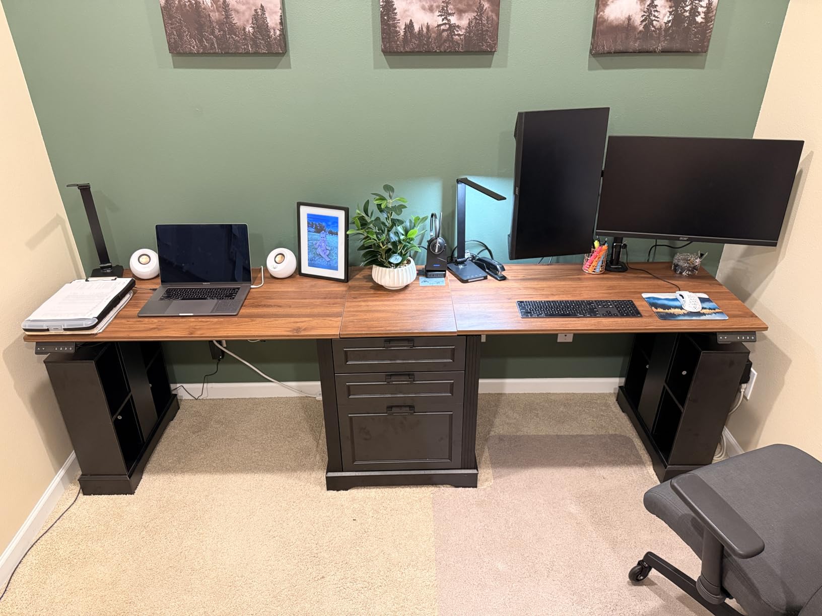 SEDETA Farmhouse L Shaped Electric Standing Desk with File Cabinet, 77 x 55'' Height Adjustable Home Office Computer Desk with 6 Drawers, Power Outlet, Sit Stand Desk, Black customer photo 1
